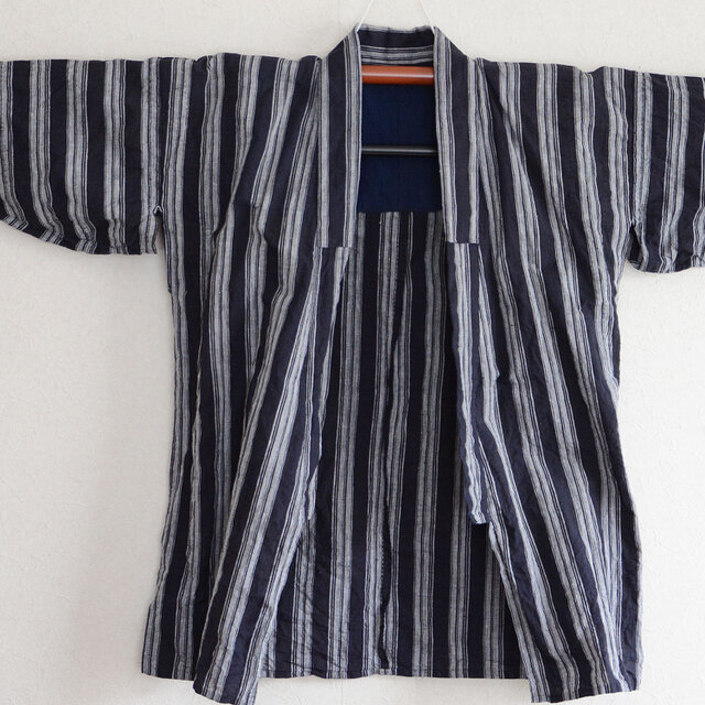 【縞模様と藍染裏地が魅力の野良着】木綿 リメイク素材 ジャパンヴィンテージ 昭和レトロ ハンドメイド