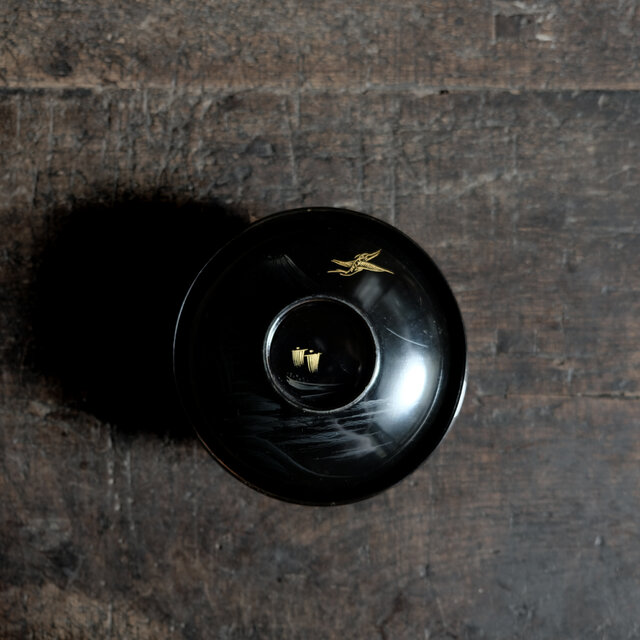 船と鶴◆富士の山と風景。古輪島塗　漆芸蓋付碗　漆器　骨董・antiques 古民家　大正〜昭和初期