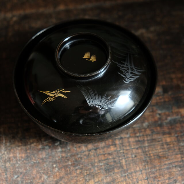 船と鶴◇富士の山と風景。古輪島塗 漆芸蓋付碗 漆器 骨董・antiques 古