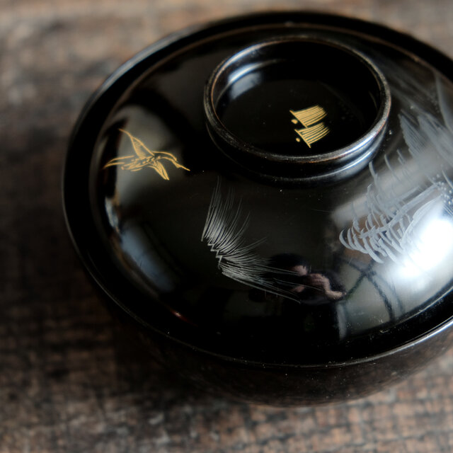 船と鶴◇富士の山と風景。古輪島塗 漆芸蓋付碗 漆器 骨董・antiques 古