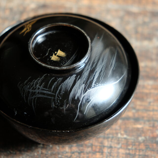 船と鶴◇富士の山と風景。古輪島塗 漆芸蓋付碗 漆器 骨董・antiques 古
