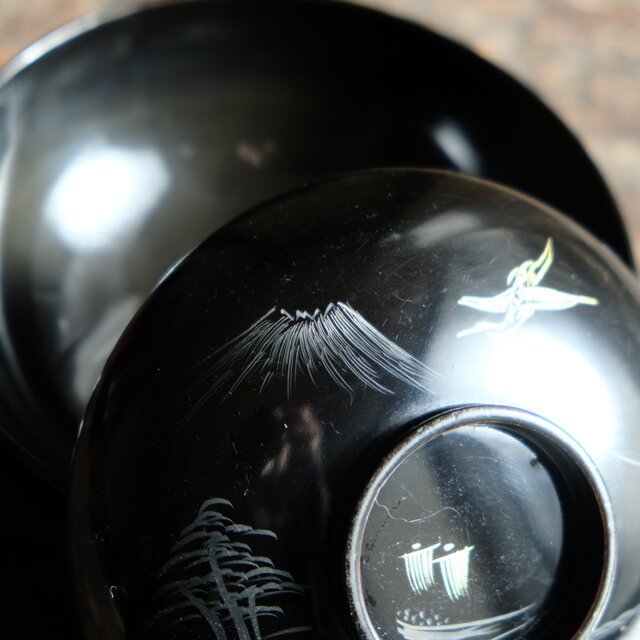 船と鶴◇富士の山と風景。古輪島塗 漆芸蓋付碗 漆器 骨董・antiques 古