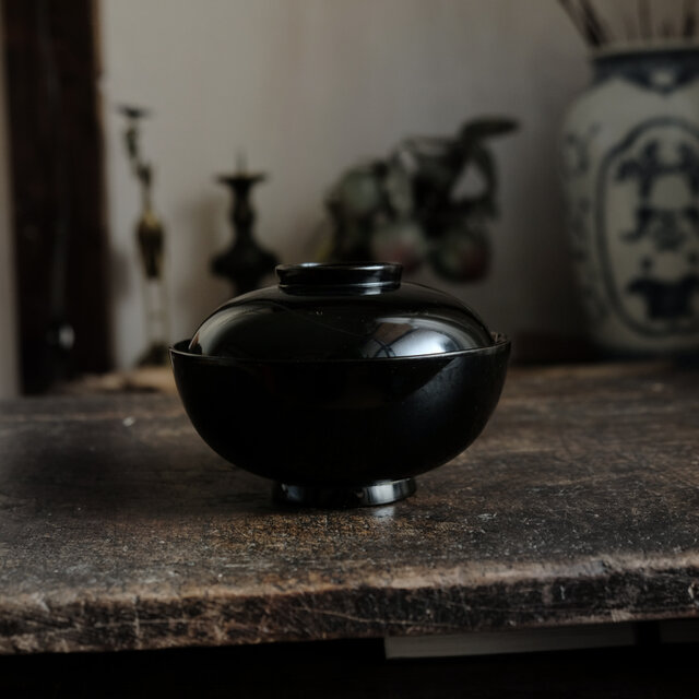 船と鶴◇富士の山と風景。古輪島塗 漆芸蓋付碗 漆器 骨董・antiques 古