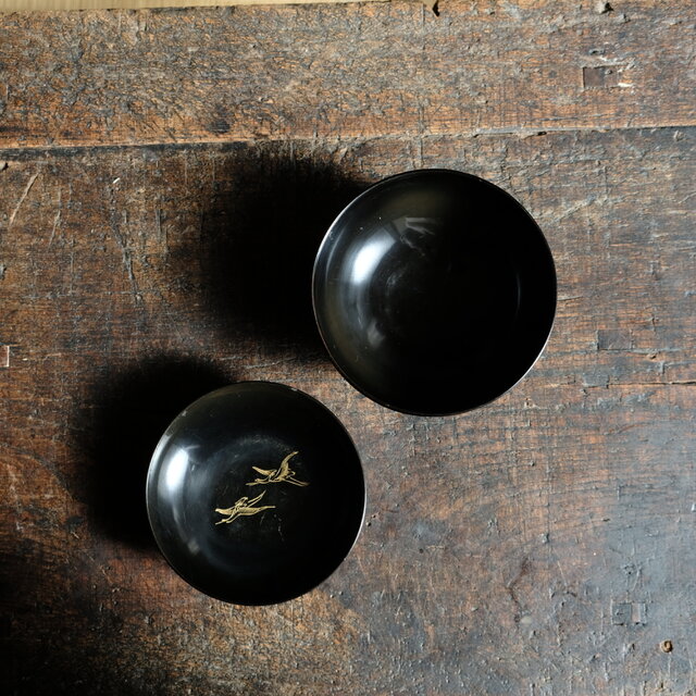船と鶴◇富士の山と風景。古輪島塗 漆芸蓋付碗 漆器 骨董・antiques 古