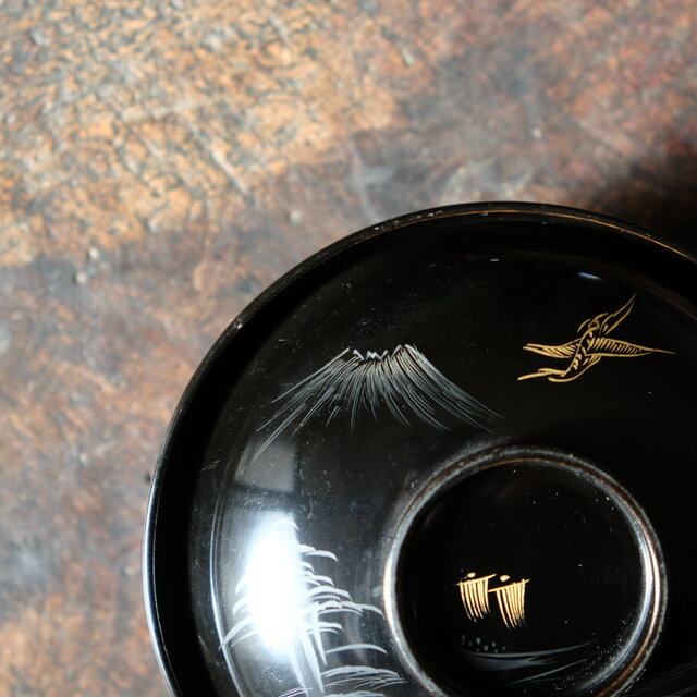 船と鶴◇富士の山と風景。古輪島塗 漆芸蓋付碗 漆器 骨董・antiques 古