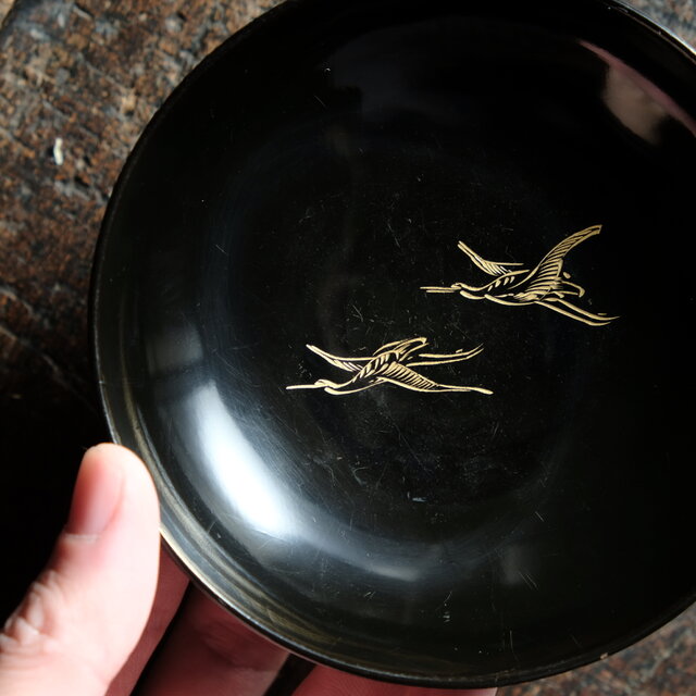 船と鶴◇富士の山と風景。古輪島塗 漆芸蓋付碗 漆器 骨董・antiques 古