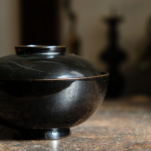 船と鶴◇富士の山と風景。古輪島塗 漆芸蓋付碗 漆器 骨董・antiques 古