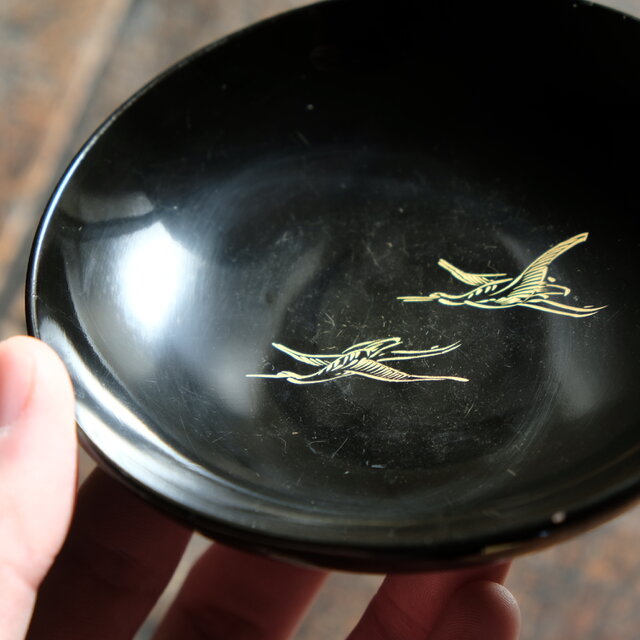 船と鶴◇富士の山と風景。古輪島塗 漆芸蓋付碗 漆器 骨董・antiques 古