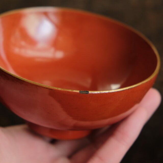 朱色に金の鶴と松◇古輪島塗 漆芸蓋付碗 漆器 骨董・antiques 古