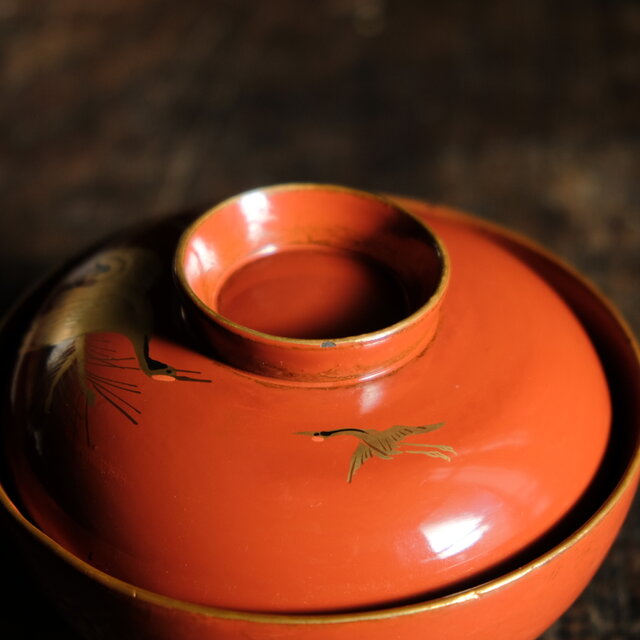 鶴と松◆蓋裏に松ぼっくり。古輪島塗　漆芸蒔絵蓋付碗5客　骨董・antique 漆器 輪島塗 沈金 螺鈿 松鶴文 木製 蓋付椀 お煮物椀 吸物椀 10