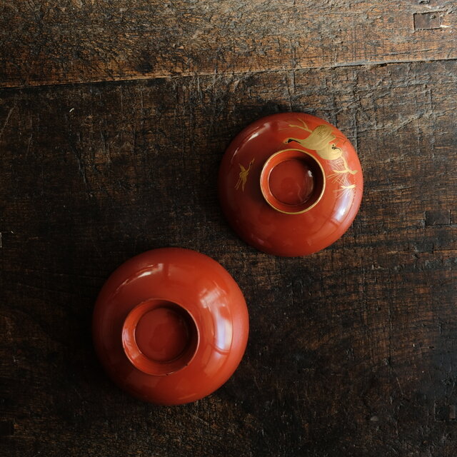 朱色に金の鶴と松◇古輪島塗 漆芸蓋付碗 漆器 骨董・antiques 古