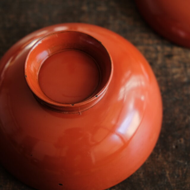 朱色に金の鶴と松◇古輪島塗 漆芸蓋付碗 漆器 骨董・antiques 古