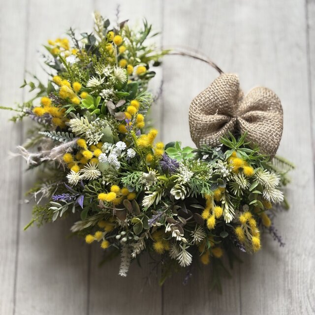 ⭐️花粉が気にならない⭐️ ふんわりミモザとラベンダーとグリーンのリース　　〜アーティフィシャルフラワー〜