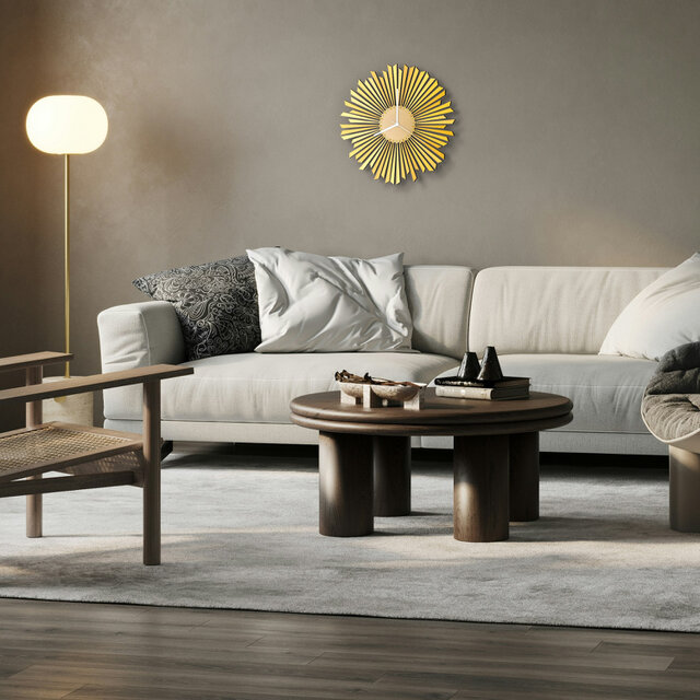 木製ウォールクロックThe Sun (太陽) - 41cm/59cm手作りのイエローウォールクロック