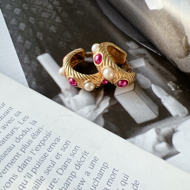 Y1066-【 Liz Claiborne 】リズ・クレイボーン・ヴィンテージイヤリング Faux pearl hoop