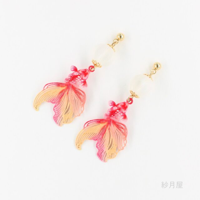 金魚の和風ピアス オレンジ】 イヤリング プチギフト 赤 レッド
