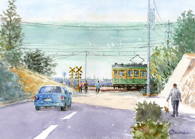 水彩画「鎌倉参道」 水彩画原画 江ノ電・鎌倉プリンスホテル前踏切 10 ＃653 | iichi