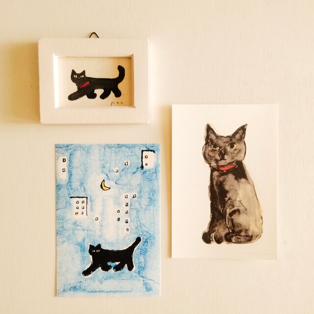 黒猫セット【ミニ額入り複製原画1点 ｜ポストカード2種】黒猫 猫 猫の