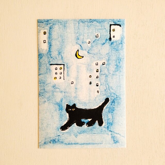 黒猫セット【ミニ額入り複製原画1点 ｜ポストカード2種】黒猫 猫 猫の