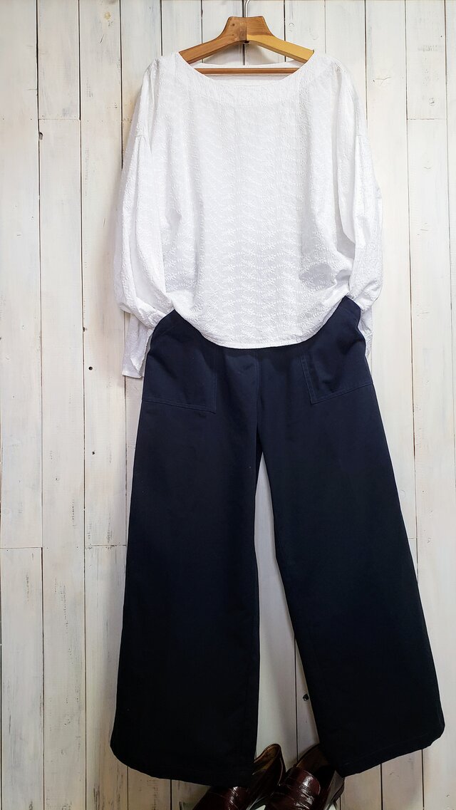 チノクロス　ネイビー　R7ひかえめワイドパンツ　ロング丈　M～6L