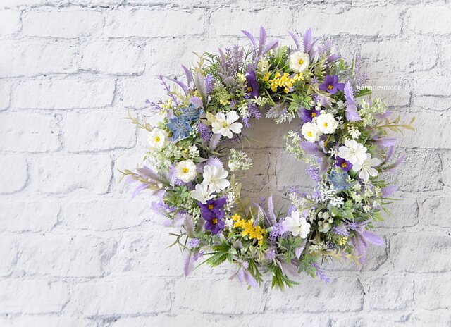 ラベンダーと小さな花を軽やかに リース：パープル 白 黄色 小花