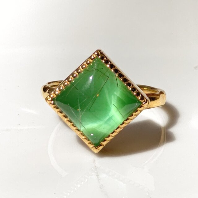 グリーン瑪瑙 と ルチルクォーツ ダブレットストーン SQカボション シルバーSV925リング