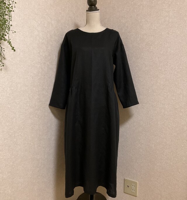 リネン100%サイドギャザーワンピース　ブラック