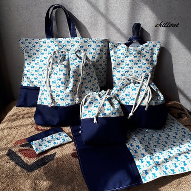 【ソフトリネン】入園バッグ7点セット：青い猫の切替セット【0075】