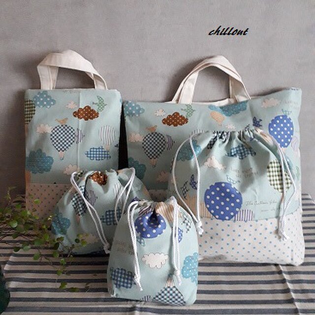 【ソフトリネン】入園バッグ５点セット：水色の切替セット【0025】