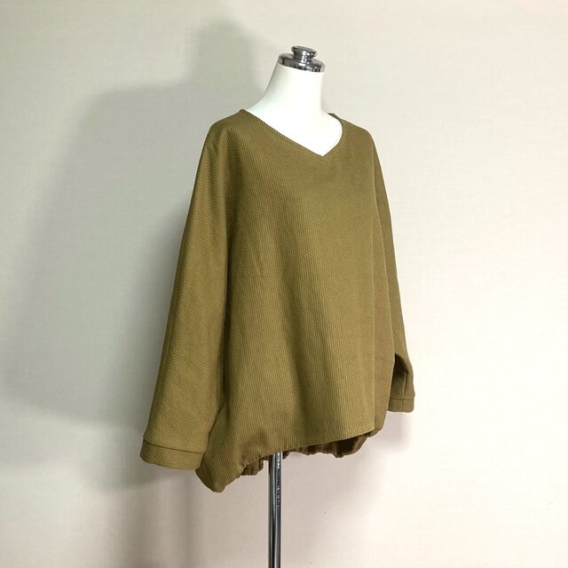バルーンプルオーバー【コットンリネン刺し子　からし】長袖・Vネック仕様◆フリーサイズ