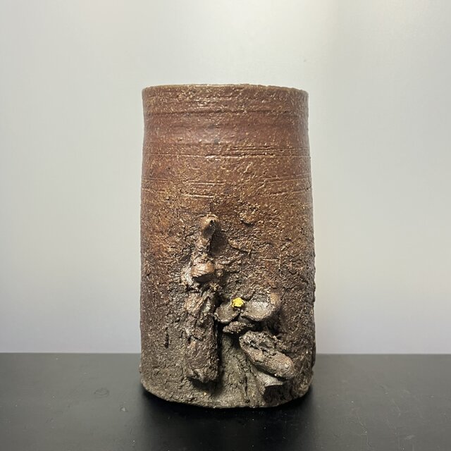 雛付きリバーシブル花器　灰志野釉　No.4