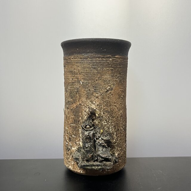 雛付きリバーシブル花器　焼締&泥彩&黒釉　No.7