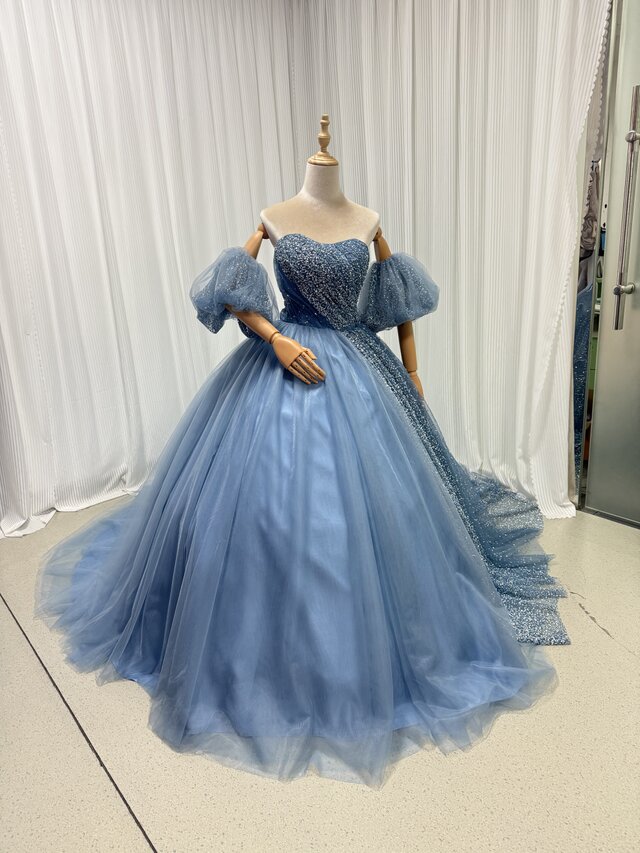 カラードレス ブルー 取り外し袖 ビジュードレス 編み上げ ボリュームドレス ハンドメイド 花嫁