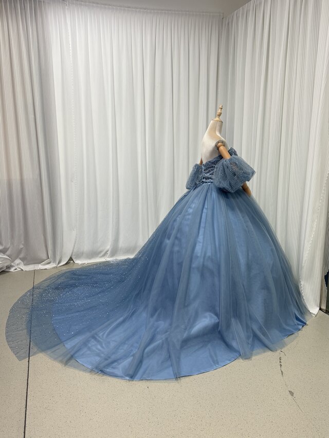 カラードレス ブルー 取り外し袖 ビジュードレス 編み上げ ボリューム