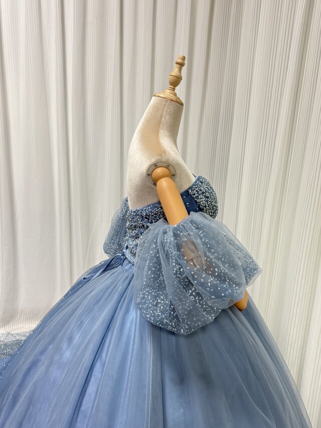 カラードレス ブルー 取り外し袖 ビジュードレス 編み上げ ボリューム