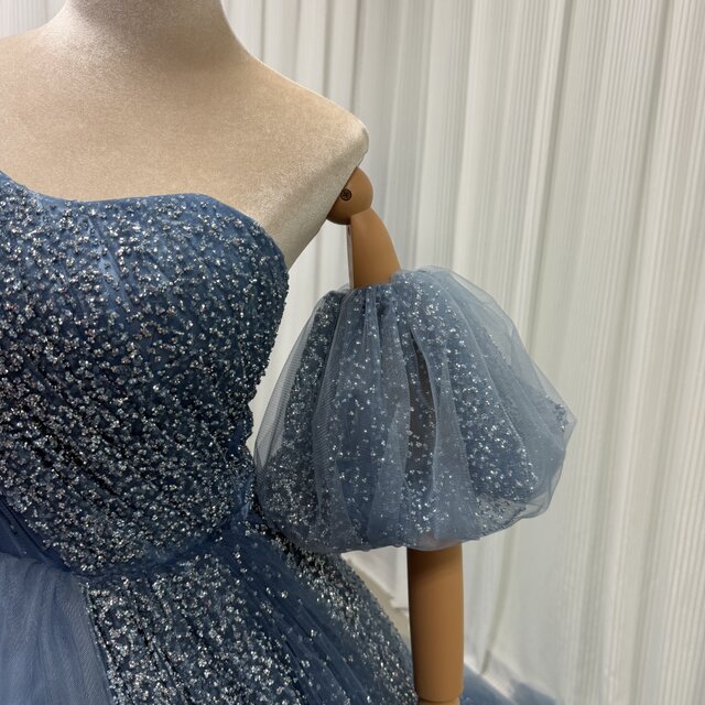 カラードレス ブルー 取り外し袖 ビジュードレス 編み上げ