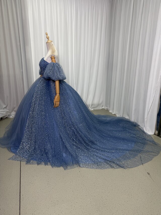 カラードレス ブルー 取り外し袖 ビジュードレス 編み上げ ボリューム