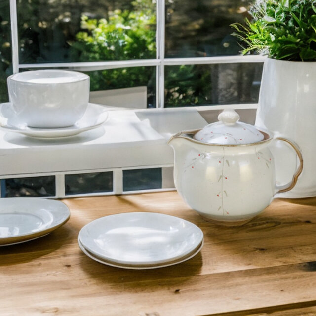 搔き落とし白若葉　お茶ポット【美濃焼】