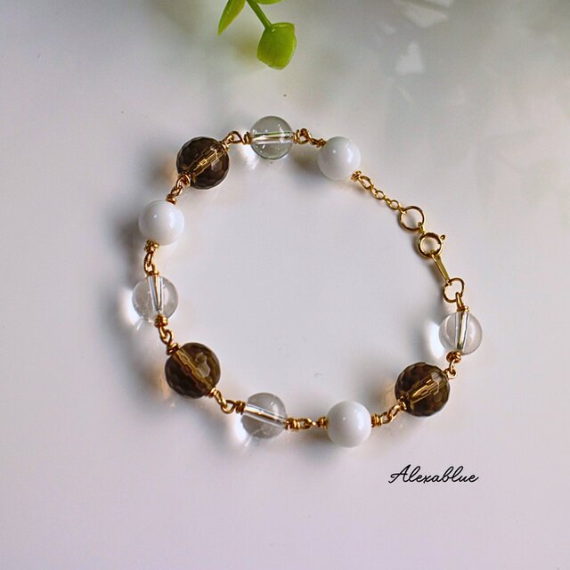 スモーキークォーツ＆ハウライト&クリスタルクォーツ ブレスレット K14GFブレスレット 天然石ブレスレット