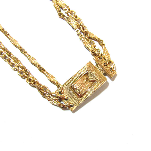 70s USA Gold Tone Buckle Design Triple Chain Long Necklace