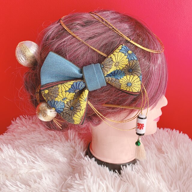 畳縁リボン☆お祭り髪飾り☆成人式髪飾り☆結婚式髪飾り路袴ヘア☆卒業式髪飾り☆リボン☆ヘッドドレス☆御神輿☆だんじり☆よさこい