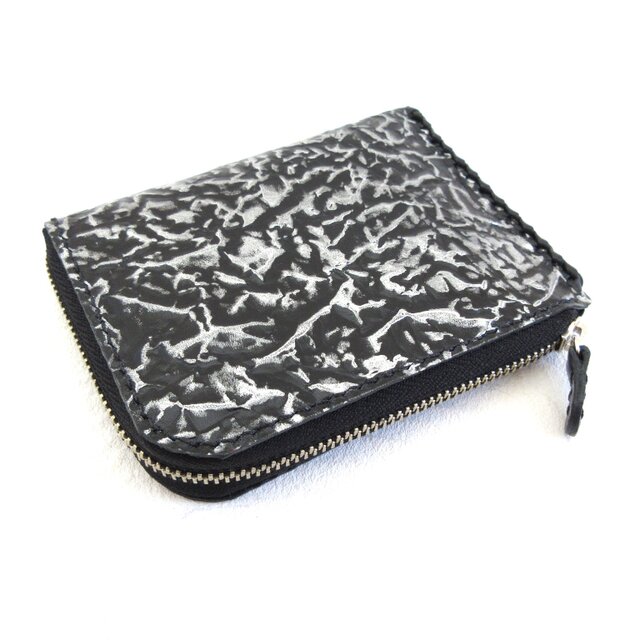 しっかり収納♪《牛革》ブラック×シルバー・エンボスレザー・Ｌ字ファスナー・コインケース・0510