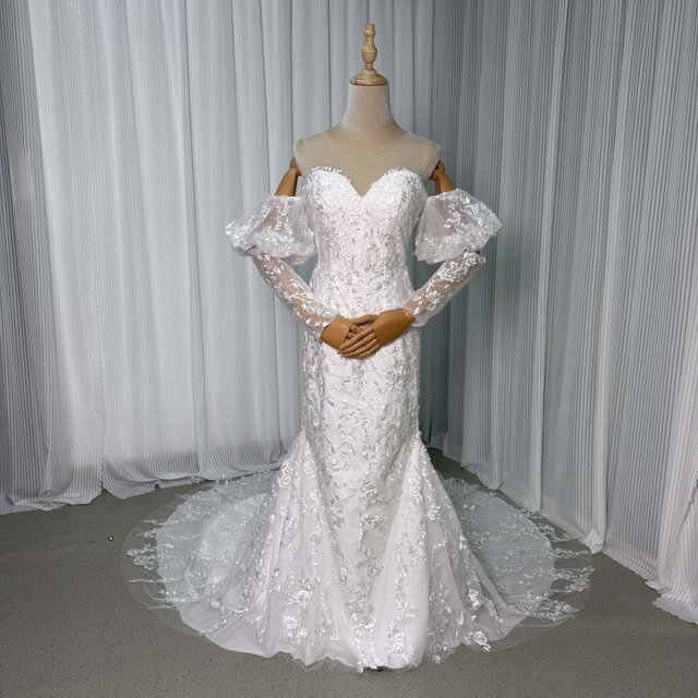 マーメイド ウェディングドレス　前撮り 新作！高級感溢れる 高級サテン 美しい花レース マーメイド