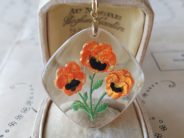 ヴィンテージ オレンジ色のパンジーFlowerインタリオGlass（34