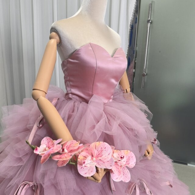 カラードレス ピンク オフショルダー プリンセスライン リボン