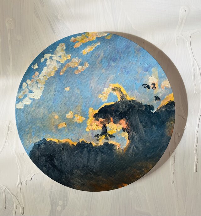直径30㎝「朝の空 20252」油彩・絵画・原画・丸形・アートパネル