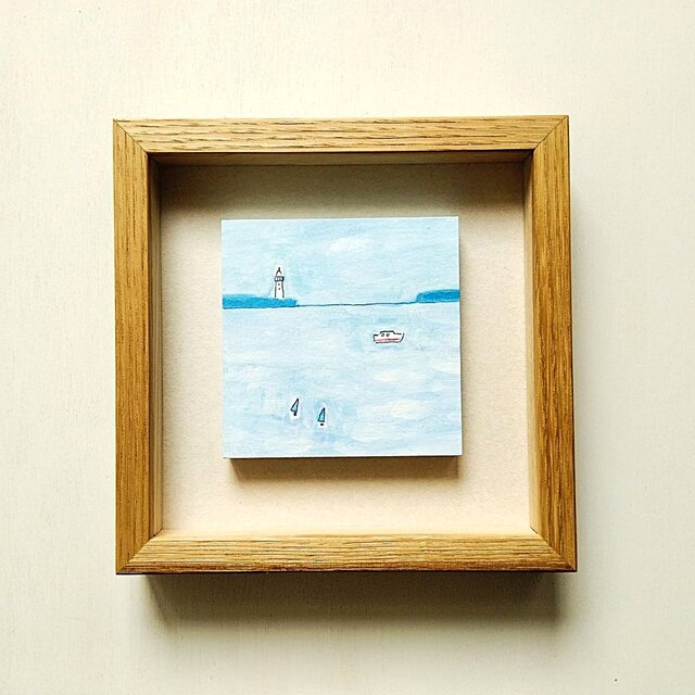 穏やかな気持ちになる海の絵｜原画「灯台のある風景」※ボックス額縁入り