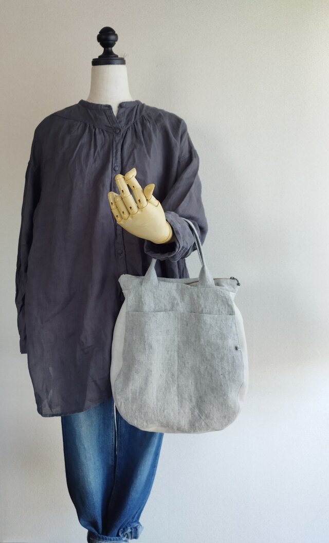 リネン ファスナーバッグ　 外ポケット たっぷり!! シンプル