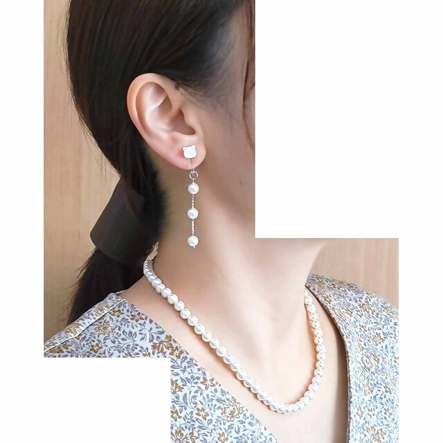 2点Set】6mm貝パールネックレスと白蝶貝のネコと揺れる貝パール