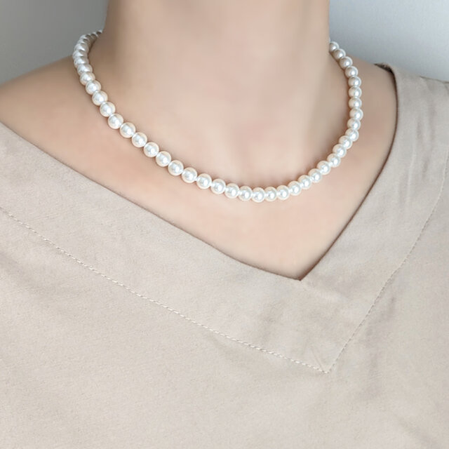 2点Set】6mm貝パールネックレスと白蝶貝のネコと揺れる貝パール